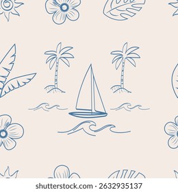 Summer minimalist print with sea beach image. Seamless pattern for summer vacation. Hand drawn palm tree, exotic flowers and yacht. Vector flat illustration.
