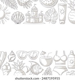 Summer minimalist square card, monochrome gray beach accessories icons. Upper and bottom border frame, space for text, isolated on white. For poster, flyer, banner, invitation, social media, party