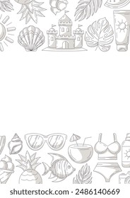 Póster de verano de Vertical minimalista a4, Elementos de playa e iconos de accesorios, gris monocromo. Marco de borde superior e inferior, espacio de copia, aislado en blanco. Para tarjeta, Anuncio, invitación, redes sociales