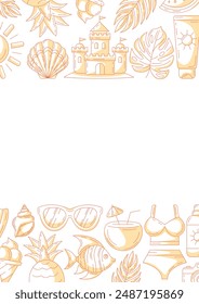 Summer minimalist vertical a4 poster, monochrome orange beach elements, accessories icons. Upper and bottom border frame, space for text, isolated on white. For card, banner, invitation, social media