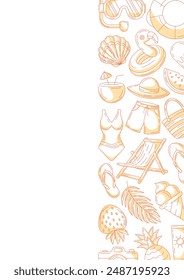 Summer minimalist vertical a4 poster, monochrome orange beach elements, accessories icons. Right side border frame, copy space, isolated on white. For card, banner, invitation, social media, planner