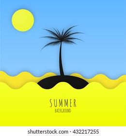 Summer minimalistic background with sea, sun and palm. Vector illustration.