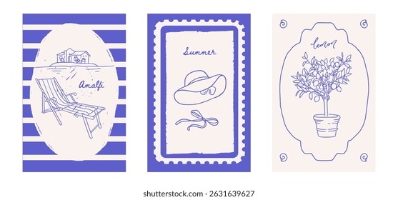 Summer minimalistic posters set. Italy Amalfi vintage vibe. Vector cards with the image of blue Italian Mediterranean beach, potted lemon tree, beach lounger with retro houses.