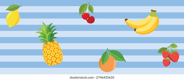 Summer Mixed Fruit Banner with Blue Stripes, Tropical Header with Pineapple, Lemon, and Strawberry for Website and Packaging
