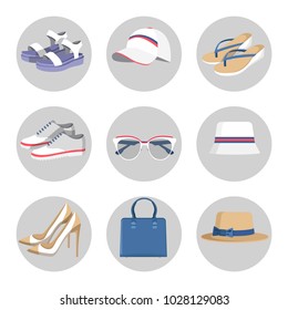 Summer mode circled images, collection of accessories, and bags, sunglasses and hat, flip-flops and shoes, vector illustration, isolated on white