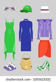 Summer mode set of clothes and vogue accessories, vector illustration various shoes and dresses models, skirt and shirt, hats and glasses vogue design