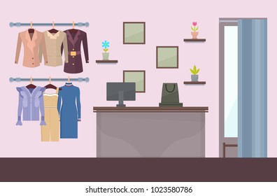 Summer mode store, poster with shelves and plants with flowers, jackets and dresses, counter with computer and curtain and mirror vector illustration