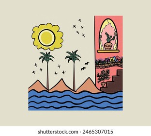 Summer modern art  City And Beach Skyline graphics design, palm trees background. Summer With Flower Stair. Sunshine with wave. Desert Cactus in Tub.