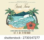 summer modern art graphics, vintage dotted retro printed design. Palm tree summer beach t-shirt print design, Vintage Retro sunset or sunrise. surfing with big wave. Summer beach vibes. Surfing club