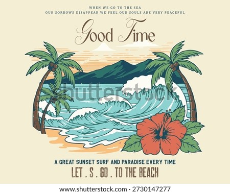 summer modern art graphics, vintage dotted retro printed design. Palm tree summer beach t-shirt print design, Vintage Retro sunset or sunrise. surfing with big wave. Summer beach vibes. Surfing club