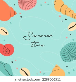 Summer modern background with hand draw colorful seashells, starfish and hand written text. Beautiful summer holidays poster. Vector templates for card, banner, invitation, social media post.