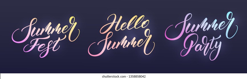 Summer. Modern Summer calligraphy with trendy vibrant neon glowing colors. Vector labels for party, festival, camp, sale etc.