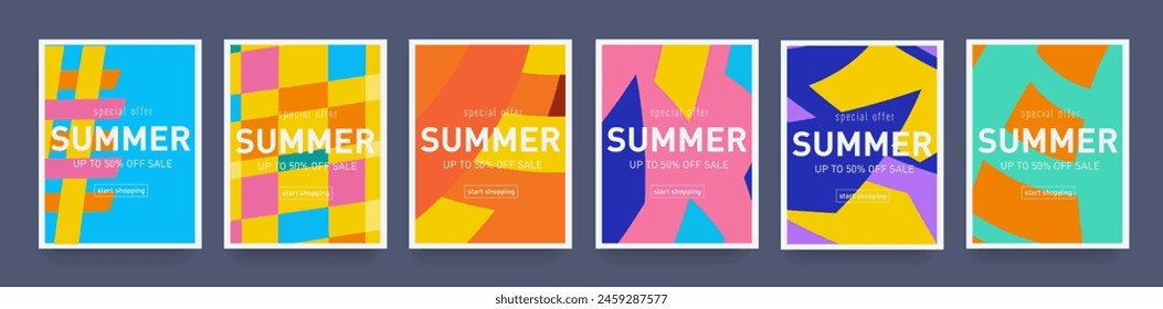 Summer Modern Design with Graphic Memphis Element. Background Retro Art for Advertising, Web, Social Media, Poster, Banner, Cover. Sale offer 50%. Vector Illustration