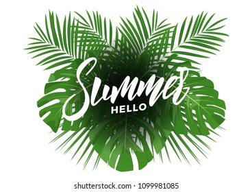 Summer. Modern design layout with lettering and tropic jungle leaves bouquet. Summer exotic background
