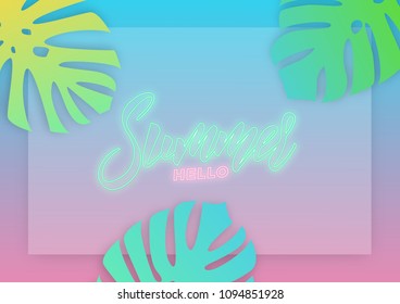 Summer. Modern design layout with neon lettering and vibrant colorful tropical leaves. Summer background