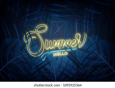 Summer. Modern design layout with neon lettering and tropic jungle leaves. Summer exotic background