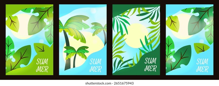 Verão. Capa de cartaz de verão moderno. Ilustração vetorial da palmeira deixa o céu azul do sol no fundo contemporâneo. Quarto ideal interior arte de parede selo postal saudação cartão de cobertura . EPS 10