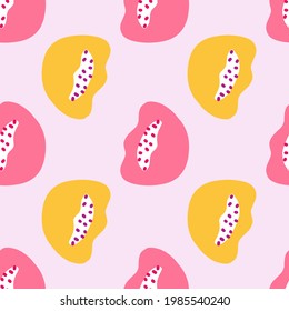 Summer modern seamless pattern with abstract shapes doodle print. Yellow and pink bright ornament. Decorative backdrop for fabric design, textile print, wrapping, cover. Vector illustration.