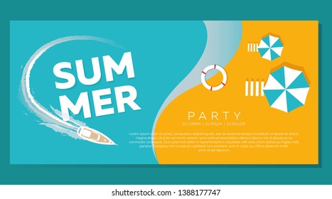 Summer in modern style, banner, flyer, view from above on the beach background with swimming circle, umbrellas, sea, beach, yacht. Vector illustration