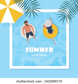 Summer in modern style, a man and a woman are resting on a donut in the pool in the villa. Top view, summer holiday with umbrellas, palm leaves. Banner, poster, poster, invitation to a party.