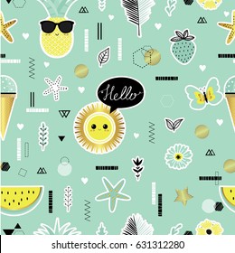 Summer. Modern vector seamless pattern with  trendy geometric elements. All elements are  hidden under mask. Pattern are not cropped and can be edited. Sun, sea. Vacation, recreation, holiday, travel