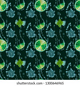 Summer mojito print with lime, ice cubes and mint leaves. seamless pattern