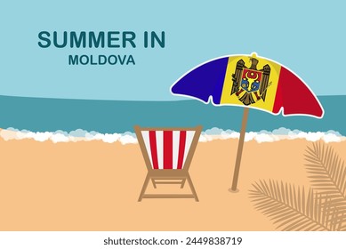 Summer in Moldova, beach chair and umbrella, vacation or holiday in Moldova, vacation concept vector design, summer holiday, sea sand sun, travel and tourism idea
