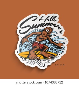 Summer monkey water skiing wake skater Paper Cut Tags, Labels , peel off sticker vector illustration.