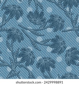 Sommer monochromes Denim-Muster mit Kamille, Polka-Punkt-Ornament dahinter. Blühende Blumen mit Stiel auf blaue Jeans Textur. Groovy, Hippie, naiver Stil für Bekleidung, Stoff, Textil, Design