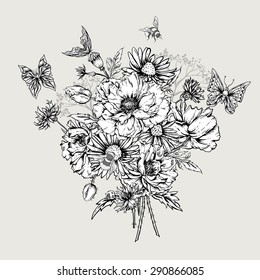 Summer Monochrome Floral Bouquet. Greeting Card with Blooming Poppies Chamomile Ladybird Daisies Cornflowers Bumblebee Bee and Butterflies. Vector Illustration