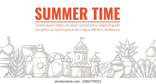 Summer monochrome gray minimalist horizontal banner, beach accessories elements. Bottom border frame, copy space. Holiday and vacation. For poster, flyer, card, invitation, social media, postcard