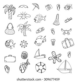 Summer Monochrome hand doodles elements. Vector illustration