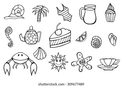 Summer Monochrome hand doodles elements. Vector illustration