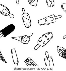 Summer Monochrome Ice Cream. Simple Ice Desserts Background. Set Ice Cream Seamless Pattern. Sketch Backdrop. Kids Delight. Sweets