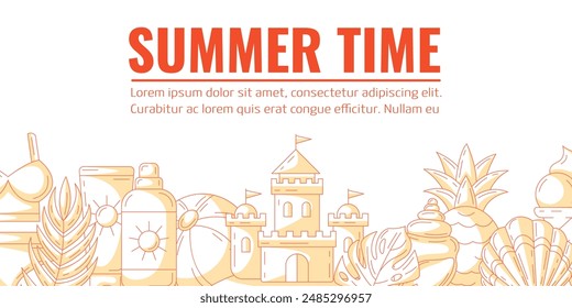 Summer monochrome orange minimalist horizontal banner, beach accessories elements. Bottom border frame, copy space. Holiday and vacation. For poster, flyer, card, invitation, social media, postcard
