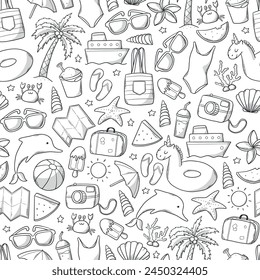 Summer monochrome pattern with hand drawn doodles. Summer surface print, nursery coloring page, wallpaper, wrapping paper, scrapbook, background design. EPS 10