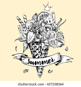 Summer monochrome vector hand drawn greeting card with a fruity cocktail in waffle cone, flowers isolated natural illustration, Berries in waffle cones