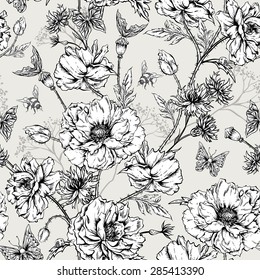 Summer Monochrome Vintage Floral Seamless Pattern with Blooming Poppies Cornflowers, Ladybird Bumblebee and Bee and Butterflies. Vector Shabby Illustration