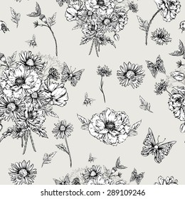 Summer Monochrome Vintage Floral Seamless Pattern with Blooming Poppies Cornflowers, Ladybird Bumblebee and Butterflies. Vector Shabby Illustration