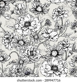 Summer Monochrome Vintage Floral Seamless Pattern with Blooming Poppies Cornflowers, Ladybird Bumblebee and Butterflies. Vector Shabby Illustration