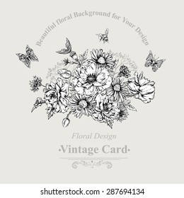 Summer Monochrome Vintage Greeting Card with Blooming Poppies Cornflowers Ladybird and Bumblebee Bee and Butterflies with Place for Your Text. Vector Shabby Illustration