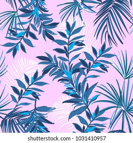 Summer monotone blue Tropical seamless pattern with exotic palm leaves forest . Vector illustration on pink background