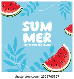 Summer with monstera leaves, palm leaves, and watermelon background. Bright color background. Summer concept. Flat vector illustration.
