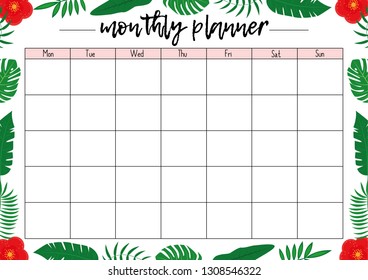 Summer monthly planner A4, page for notebook, diary, organiser, book. Tropical flowers and leaves.