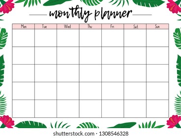 Summer monthly planner A4, page for notebook, diary, organiser, book. Tropical flowers and leaves.