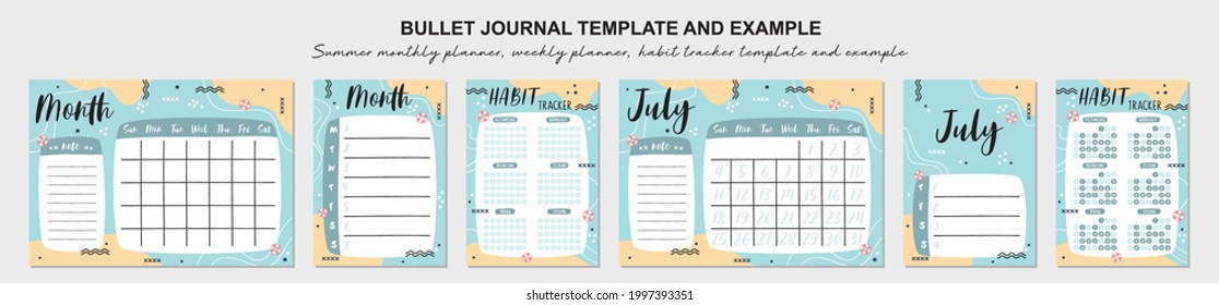 Summer monthly planner, weekly planner, habit tracker template and example.  Template for agenda, schedule, planners, checklists, bullet journal, notebook and other stationery.