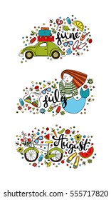 Summer months. June. July. August. Isolated vector object on white background.