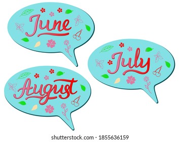 Sommermonate-Juni, 
Juli, August. Vektorhandschrift mit Blumen. Illustration Sommermonate wie Nachricht