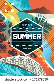 Fondo abstracto de humor de verano con texturas mixtas, diferentes patrones y formas geométricas.  Diseño de afiches con formas abstractas y espacio de copia para el texto. Gráfico del vector EPS10.