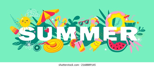 Summer mood banner template. Summer banner with elements such as sun, fruits, ice cream, umbrella, beach shoes and palm leaves. Vector illustration.